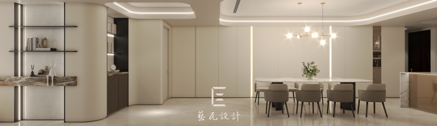 餐廳以明亮白色為主調，搭配黑色鐵件層架展示屋主收藏